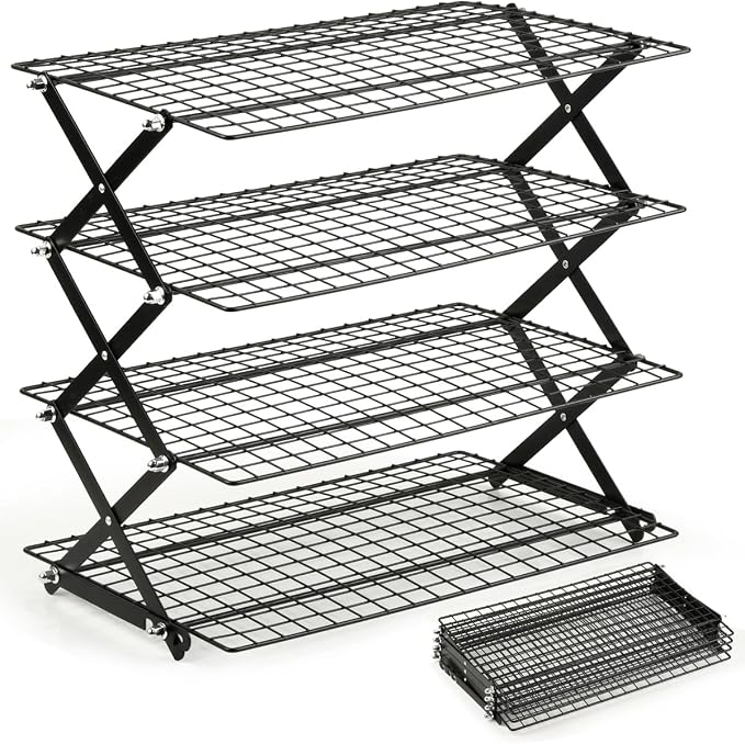 OTYMIOW Collapsible Cooling Rack with Adjustable 3 Setting Design Adjustable ＆ Stackable Baking Rack, X-Shaped Structure Cooling Rack for Cooking and Baking, Picnic Party (4 Tier)
