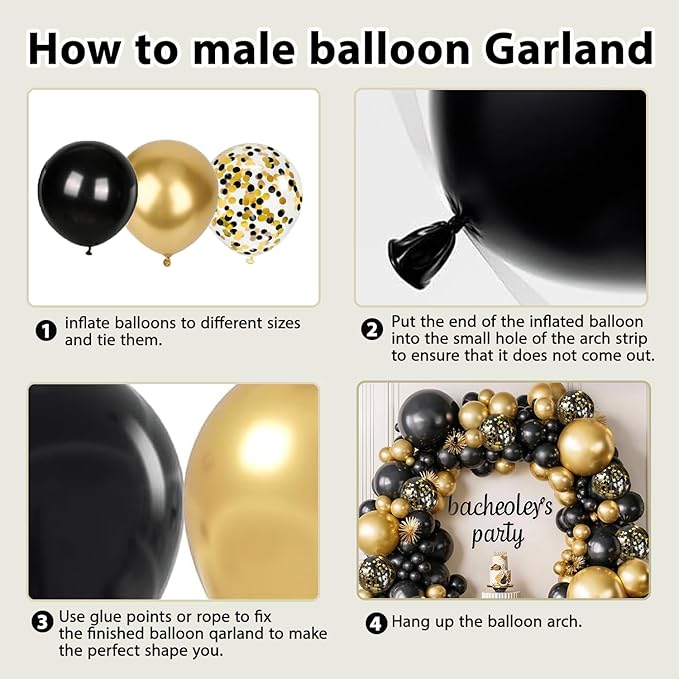 Black and Gold Balloon Arch Kit - 144pcs Black and Gold Balloons Metallic Gold Confetti Balloons Different Sizes 18/12/10/5in for Birthday Wedding New years Graduation Masquerade Party Decorations