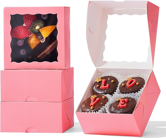 50-Count 4x4x2 Inches Food-Safe Pink Bakery Boxes - Multi-Use Pastry & Treat Packaging for Cookies, Truffles & Wedding Favors (Stackable Gift Boxes for Cakes, Pies & Cinnamon Rolls)