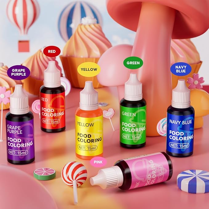 Food Coloring Liquid - 6 Vibrant Color Food Grade, Tasteless Food Coloring Gel for Cake Decorating, Baking, Easter Egg, Icing, Fondant, Slime Making DIY Supplies Kit - 0.52 Fl. oz (15 ml)/Bottles