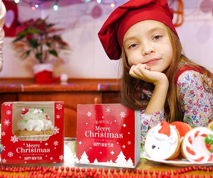 Happyhiram Christmas Cupcake Boxes 50 Pcs, Individual Cupcake Box Red and White with Christmas Trees insert and Window for Holiday Muffin Containers Single for Ornament Cocoa Bombs Packaging