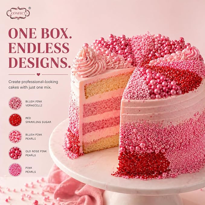 Confect Sprinkles for Cakes & Cupcakes Decoration Assorted pack of 5 Pink Pop Sprinkles Mix Blush Pink, Baby Suger & Coral Dragees Baby Pink Jimmies Vegan, Gluten-Free, Nut-Free, Soy-Free, Dairy-Free , Handcrafted Sprinkle- 5 Oz