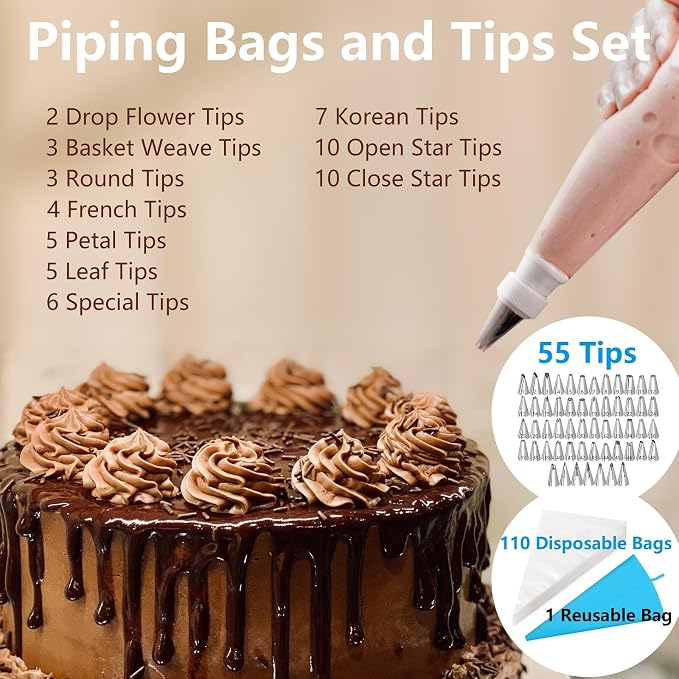 200PCs Cake Decorating Supplies Kit for Beginners - Cake Turntable, 55 Cake Piping Tips, Straight & Offset Spatula, 110+1 Piping Bags, Cake Leveler, Cake Scraper Sets & Baking Tools