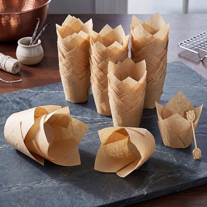 200 Pcs Natural Tulip Cupcake Liners for Baking, Standard Size | Standard Greaseproof Tulip Muffin Liners for Baking, 3oz Natural Paper Cupcake Wrappers for Party Wedding Birthday