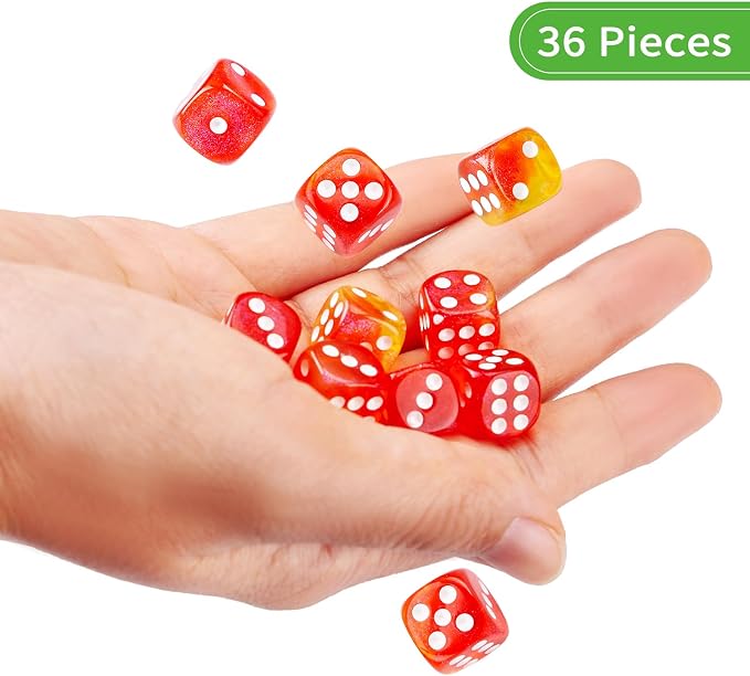 36 of Pack 12MM 6 Sided MINI Dice Set,Two Colours Glitter D6 Game Dice Set, 6 Sided Standard Dices for Yahtzee, Bunco or Teaching Math,with Portable Plastic Box(Orange Red)