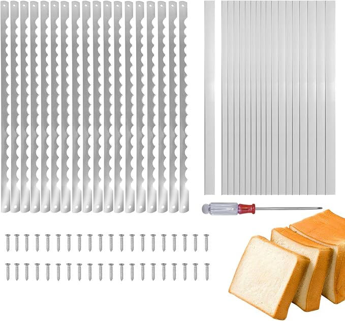 18 Pcs Bread Bow Knife Blades, 10.8" Serrated Stainless Steel blades with Screws, Screwdriver, and Safety Guard, Replacement for Wood Bread Cutter, Bow Bread Knife Replacement Blades