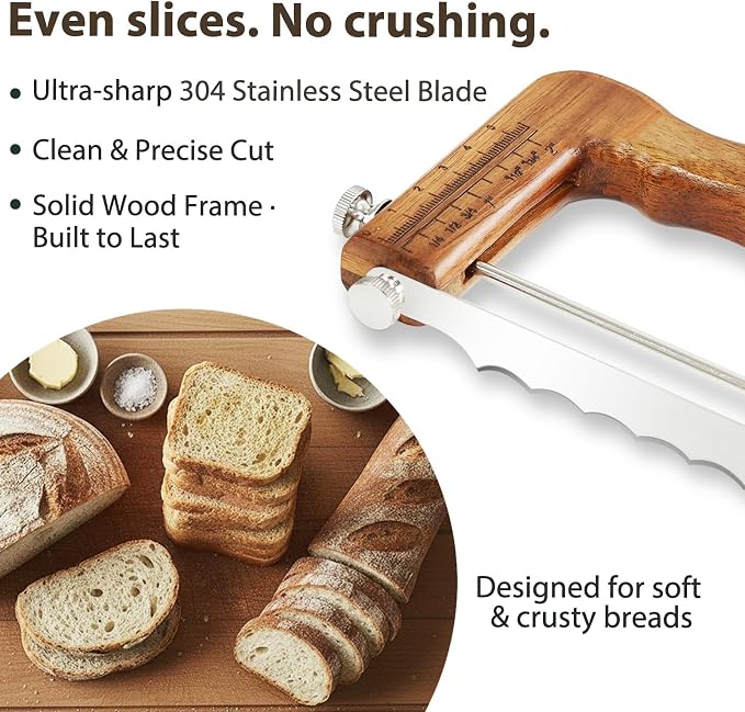 Adjustable Bread Slicer for Sourdough& Homemade Bread | Thickness Guide, Sharp Stainless Serrated Blade, Wooden Frame, Precision Bread Cutter