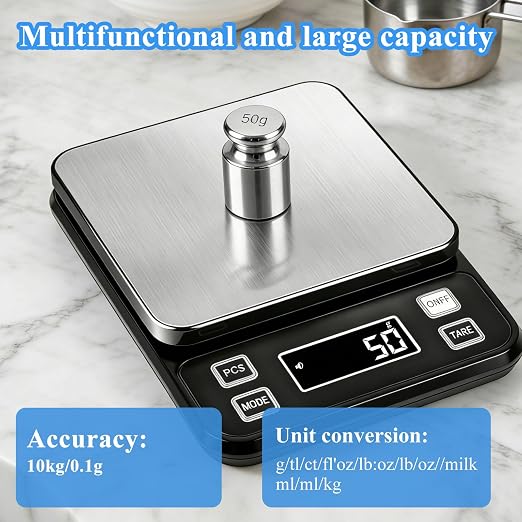 IP67 Waterproof Digital Kitchen Scal 10kg/0.1g High Precision Food Scale with Type-C Rechargeable 304 Stainless Steel Platform Tare & Counting Function for Baking Cooking Meal Prep
