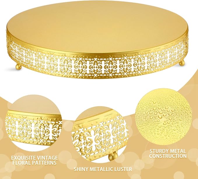 Wenqik 16 Inch Gold Cake Stand Set Metal Round Cupcake Dessert Wedding Cake Stand with Cutting & Spatula Cookies Display Holder Fruit Serving Tray for Table Wedding Birthday Anniversary Party