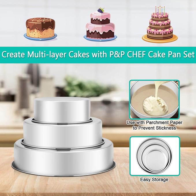 P&P CHEF Cake Pan Set of 3, 6" + 8" + 9.5" Round Baking Layer Tier Cake Pans Tins, Stainless Steel Bakeware for Birthday Weeding, Heavy Duty & Non Toxic, Mirror Finish & Dishwasher Safe
