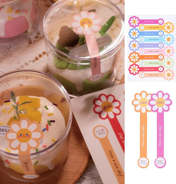 Beyonday 300pcs Handmade Lollipop Baking Stickers for Cake Box/Tins/Jars/Coffee Cups/Bottles, Long Label Flower Sealing Bakery Stickers for Gift Wrapping Self-Adhesive Tamper Evident Seal Labels