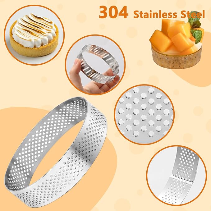 Aringfes10 Pcs 3.14 Inch 304 Stainless Steel Tart Ring, Heat-Resistant Perforated Cake Mousse Ring, Round Ring Baking Small Fruit Tarte Crust Tools (8cm)