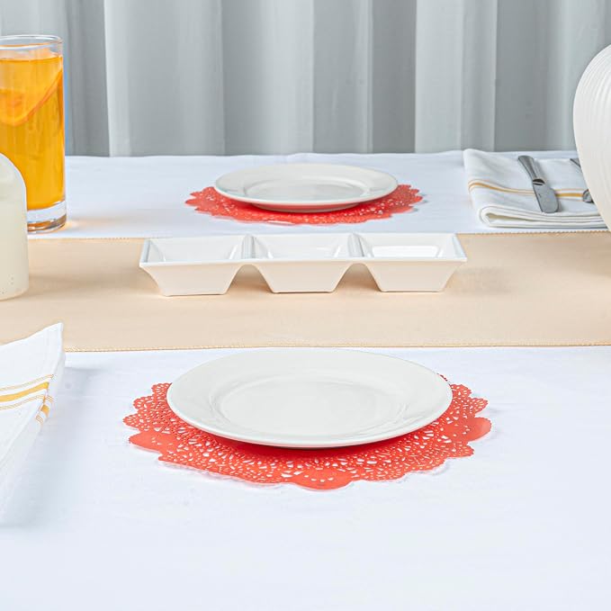 Restaurantware Paper Doilies 100 Pack of 8 Inch Lace Disposable Table Decor Red Round Shape Decorative Presentation