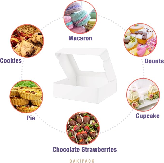 25 Cookies Boxes 10x8x2.5 Inches, White Bakery Boxes with Window, Strawberries Boxes with Window, Treat Boxes for Pie, Donuts, Cookies, Muffins, Chocolate, Party