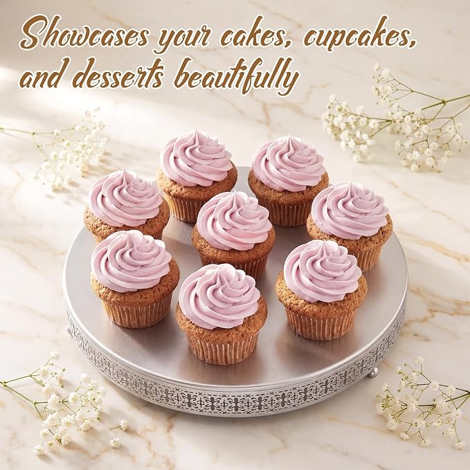 Wenqik Silver Cake Stand 20 Inch Metal Round Cupcake Dessert Stand with Cake Cutting, Spatula Cookies Cupcake Pastry Display Candy Holder Fruit Serving Tray for Wedding Birthday Party