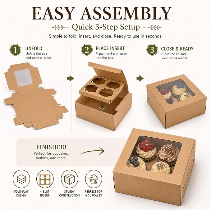 QTLCOHD 100Pcs Cupcake Boxes 4 Count with Window 6x6x3 Inch | Cupcake Containers Brown Cupcake Box Bulk for Cupcakes Muffins Cookies Pastries