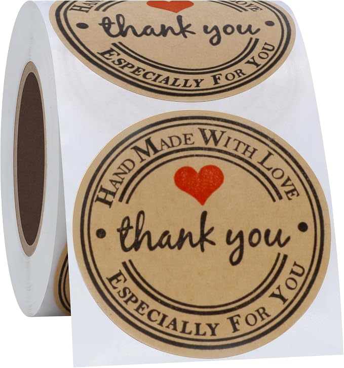 Hybsk Kraft Thank You Hand Made with Love with Red Heart Stickers 2 Inch Round Total 300 Adhesive Labels Per Roll