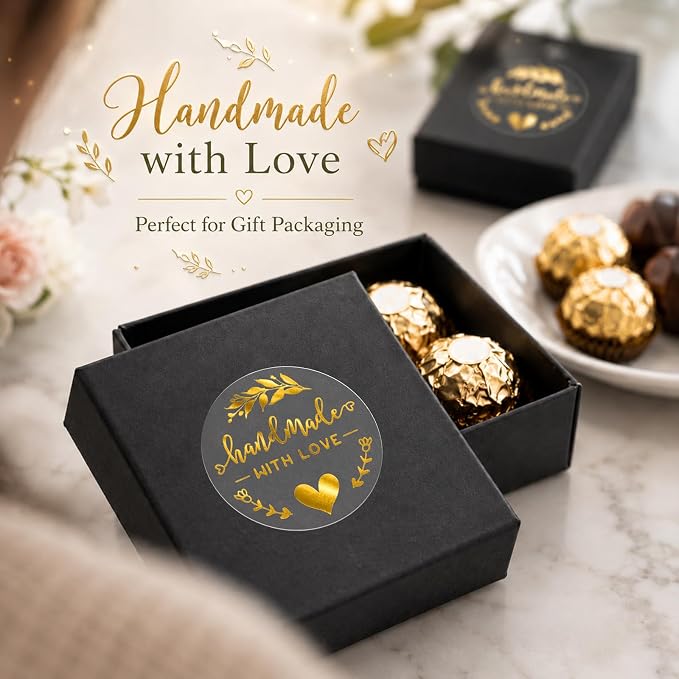 100PCS Handmade with Love Stickers, Transparent Gold Foil Labels for Boutique Small Business Packaging, Elegant Gift Wrapping Seals for Candle Bakery Soap Handmade Orders, 1.6"