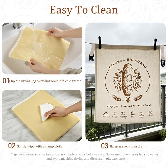 2 Pack Natural Beeswax Coated Linen Bread Bags, Reusable Fresh Keeping Bags for Sourdough & Baguette, Freezable Portable Bread Storage Container 17×12.6 Inch
