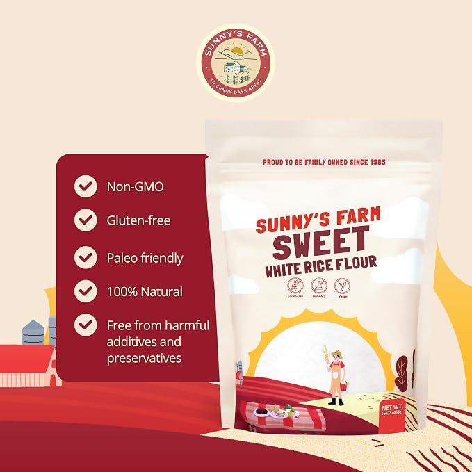 Sunny's Farm Sweet White Rice Flour - Glutinous Rice Flour, Ideal for Rice Flour for Sourdough Bread, Gluten-Free, Non-GMO, 16oz (Pack of 4)