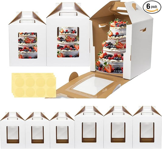 Mcfleet 6 Pack Tall Cake Box for Tier Cake with Window 2 Sizes 10x10x12 & 12x12x14 Inch, Disposable Large Layer Bakery Carrier with Handle - Bakery Safe Transport Box for Wedding, Birthday, Party