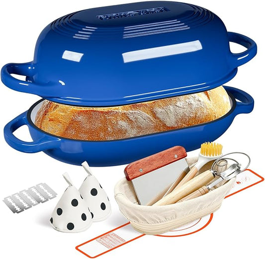 Enameled Cast Iron Dutch Oven for Bread Baking - incl. Sourdough Bread-Baking Supplies like Banneton Bread-Proofing Basket - 5QT Loaf Cast Iron Bread Oven Pan with Lid Meatloaf Pan with Lid, Sour Sough Tools, Lame(Blue）