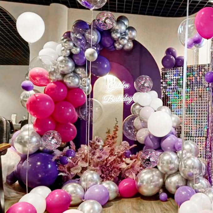 MEBAY Hot Pink Purple Silver White Baloon Garland Arch Kit, 147Pcs Latex Balloons Different Sizes 18 12 10 5 inch for Women Girls Wedding Birthday Baby Shower Party Decorations