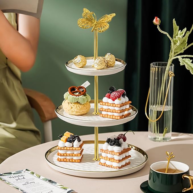 4 Sets 13.5’’ 3-Tier Cake Tray Stand Handle, Multi-tier Metal Dessert Fruit Center Rod Heavy Duty Hardware Holder for Wedding Party Birthday Cupcake Platter Stand Fittings - Gold Butterfly