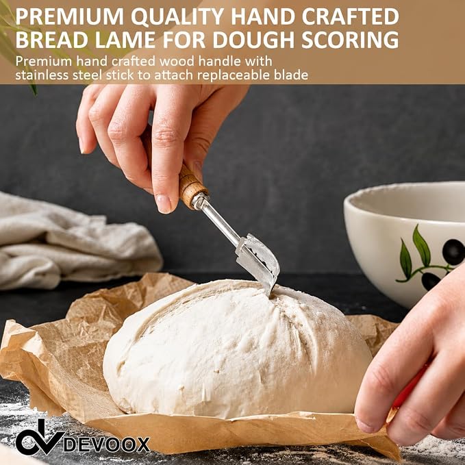 Bread Lame Stainless Steel Sourdough Scoring Tool for Premium Hand Crafted Bread Baking Scoring Tool for Wooden Handle for Bread Slashing & Leather Protective Cover with10 Replacement Blades.