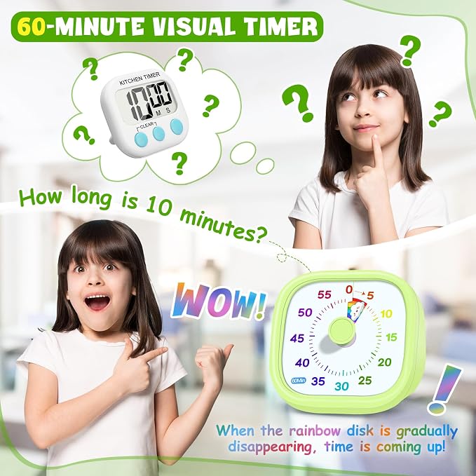 HIPPIH Visual Timer for Kids - 60 Minute Pomodoro Timers for Classroom Kitchen Office, Countdown Kids Timer Clock with Rainbow Disk, Desk Time Management Tool for Toddler with Silent Operation, Green