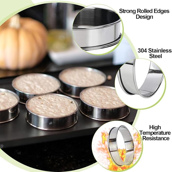 20 Pack English Muffin Rings 3 Inch Stainless Steel Crumpet Rings with Oil Brush, Metal Pastry Ring Mold Double Rolled Tart Rings for Baking Kitchen Food Making