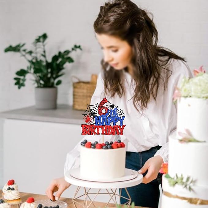 1 PCS Happy 6th Birthday Cake Topper Glitter Spider Web Cheers to 6 Years Six Birthday Cake Pick Superhero Spider Party Decorations for Boys Girls Happy 6th Birthday Party Cake Decorations Supplies