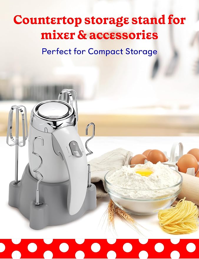BETTY CROCKER Hand Blender 7 Speed, 250 Watt Electric Mixer with Beaters and Dough Hooks, Ergonomic Electric Hand Mixer for Home & Kitchen with Stand and Soft Touch Handle, White