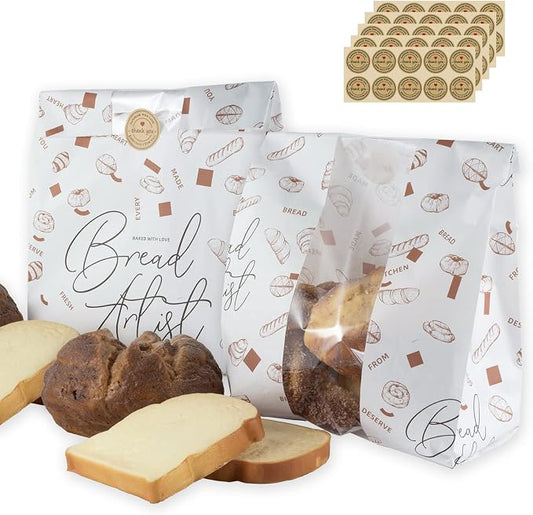 50 Pack Paper Bread Bags with Front Window, 13.8 x 9.5 x 4.3 Inch Large Paper Bread Bags for Homemade Bread Gift Giving with Stickers