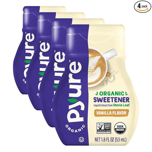 Pyure Organic Vanilla Stevia Liquid Sweetener, Sugar-Free Stevia Drops, Keto Sugar Substitute, Zero Calorie,Zero-Carb, Zero-Sugar, Liquid Sweetener for Coffee,Tea, Baking, 1.8 fl oz Bottle (Pack of 4)