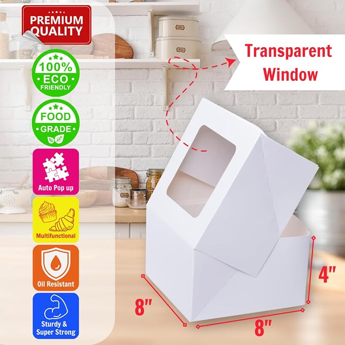 Cake Boxes 8x8x4 Inch 25 Pack with Window, 30 Bonus Sticker, Auto Popup, Extra Thick, Oil Resistant, Ideal for Cookie, Pie, Treat, Pastry, Bakery,For Home Cooker and Restaurant, White