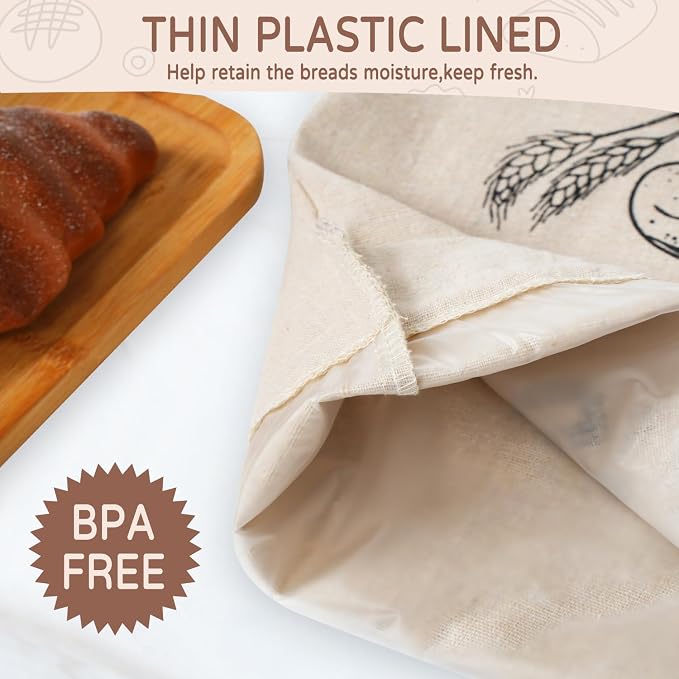 Bread Bags for Homemade Bread, Linen Bread Bag Storage, Reusable Sourdough Bread Bags with Plastic Liner, Drawstring Bread Container for Toast, Loaf,Sandwich Fresh Longer