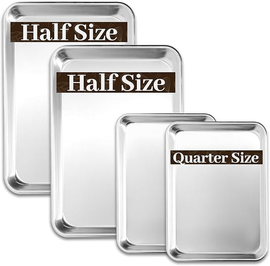BIEAMA Aluminum Baking Sheet Set of 4, 2 Half Sheet Pans & 2 Quarter Size, Commercial Heavy Duty Cookie Sheets for Oven