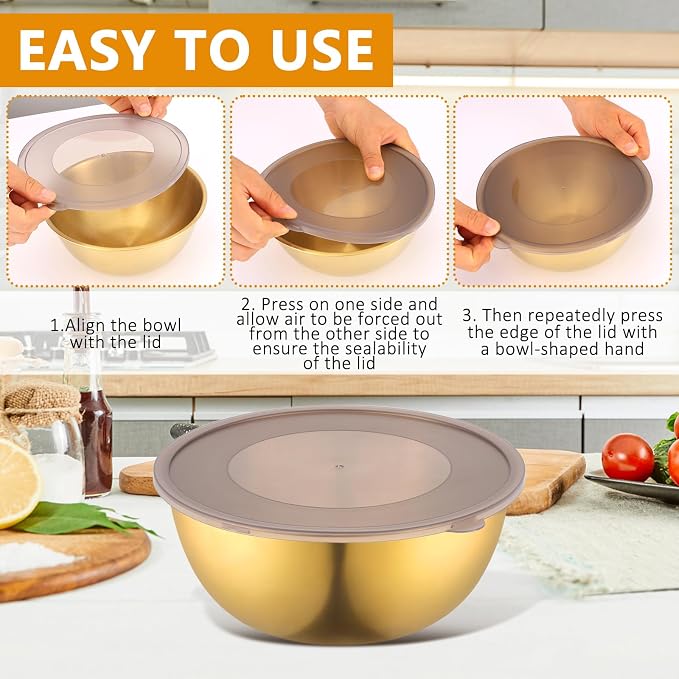 Gold Mixing Bowls with Airtight Lids Stainless Steel Mixing Bowl Set of 3 Metal Nesting Organizers and 1 Colander Non-slip Bottom for Baking Serving Food Size 2.22, 1.27,0.74 QT, Stackable