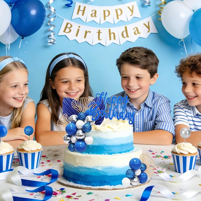 MEMOVAN Blue White Silver Ball Cake Toppers with Palm Leaves Foam Balls Cake Picks DIY Balloon Cake Insert Topper Blue Boho Cake Topper for Birthday Boho Wedding Baby Shower Anniversary Party