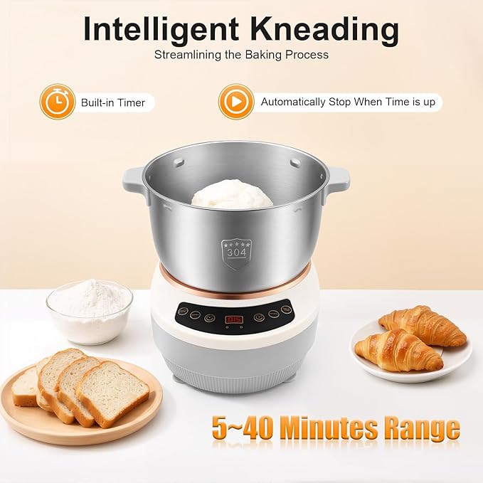 5.3QT 304 Stainless Steel Electric Dough Maker, Dough Stand Mixer Machine with 140-170 RPM,Built-in Microcomputer Timer,Digital Screeny, Automatic Kneading Machine for Bakery (Silver)