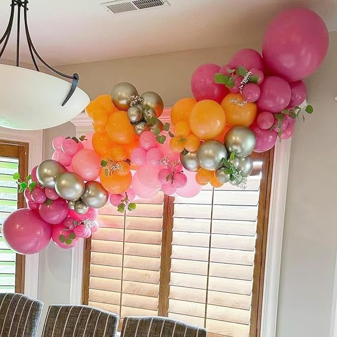 Pink and Orange Balloon Arch Kit, 180Pcs Hot Pink Orange Metallic Silver Latex Balloon Garland kit, 18 12 10 5 Inch Different Size Balloons for Birthday Baby Shower Wedding Party Decorations