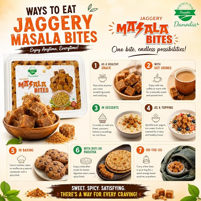 Danodia Foods Masala Jaggery Bites, Cane Gur Sweetener, 1 lb, Pantry Snack | Snackable spiced gur pieces and cane sweetener for chai, tea, coffee, desserts and pantry use; no preservatives used; recipes