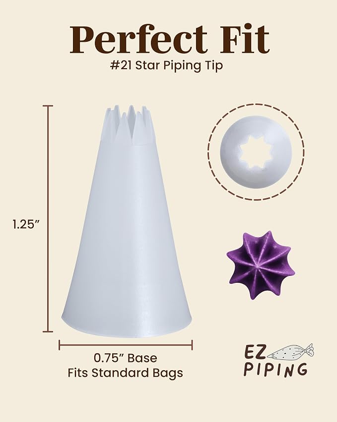 Reusable Plastic Piping Tips Standard Size Star Tip #21 100 Pack with 2 Coupler Star Tip Icing Nozzle for Cake Decoration, Dessert Design Baking Supply & Piping Bags Base Ø 0.75"Height 1.25"