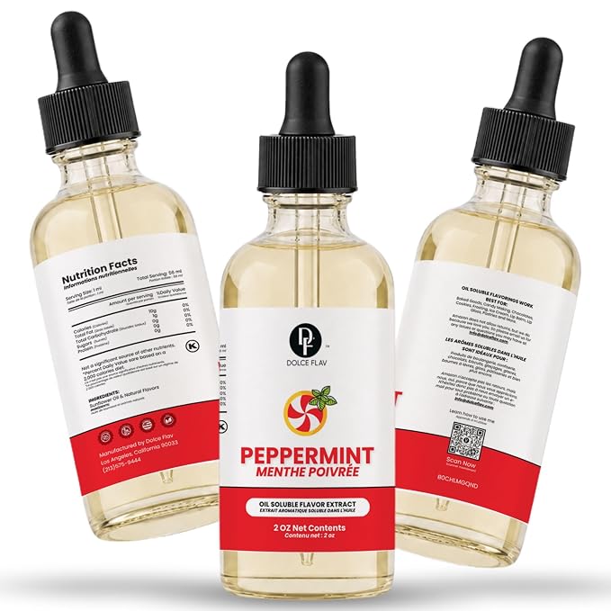 Dolce Flav Natural Peppermint Extract – 2 Ounce Oil-Soluble Kosher, Sugar-Free, Concentrated Pure Mint Flavor for Hard Candy, Chocolates & Baking, Includes Measured Dropper