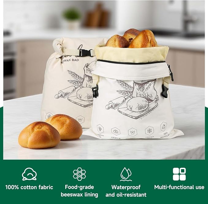 Beeswax Bread Bags for Homemade Sourdough, 2 Pack XL Reusable Organic Linen Cotton Bread Bags with Zipper Seal to Keep Bread Fresh (white and ecru)