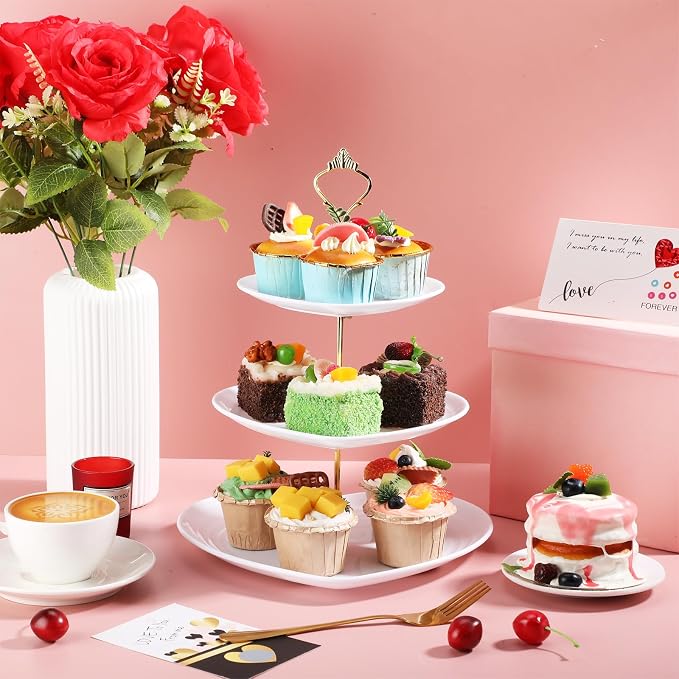 Layhit 1 Pack Wedding 3 Tier Cupcake Stand Heart Shaped 3 Tiered Serving Trays for Party Plastic Tray Dessert Cupcake Stand for Tea Party Baby Shower Wedding (White)