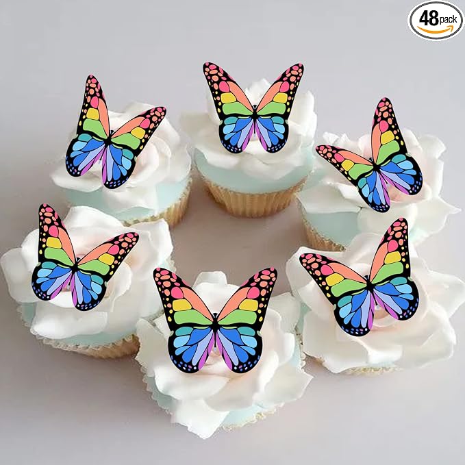 Edible Wafer Paper Butterflies Set of 48 Purple Pink Green Cake Decorations, Cupcake Topper