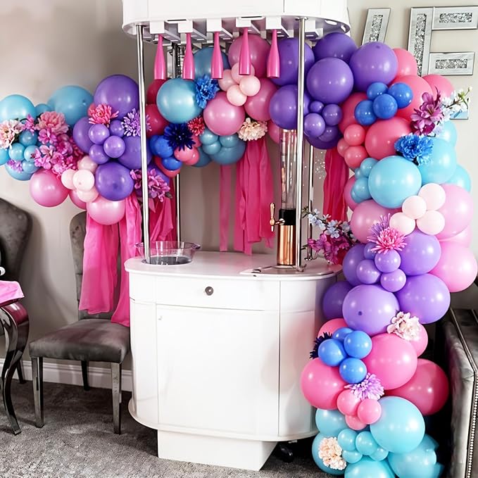 Blue Balloon Arch Kit, Royal Light Blue Confetti Macaron Pink Purple Birthday Balloons with Palm Leaves for Princess Girl Birthday Decorations Baby Shower Graduation Summer Tropical Party Supplies