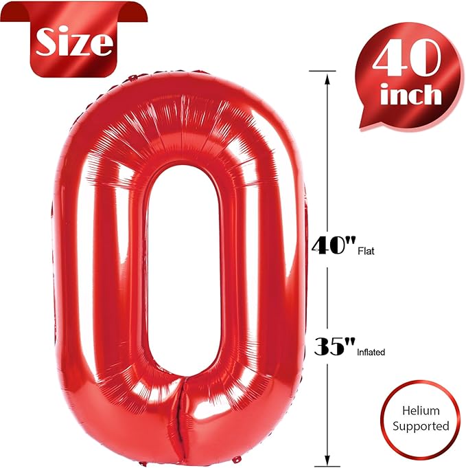 Red Number 0 Balloon 40 Inch, 0 Balloon Number for 10th 20th 30th 40th 50th 60th Birthday Decorations, Red Party Supplies